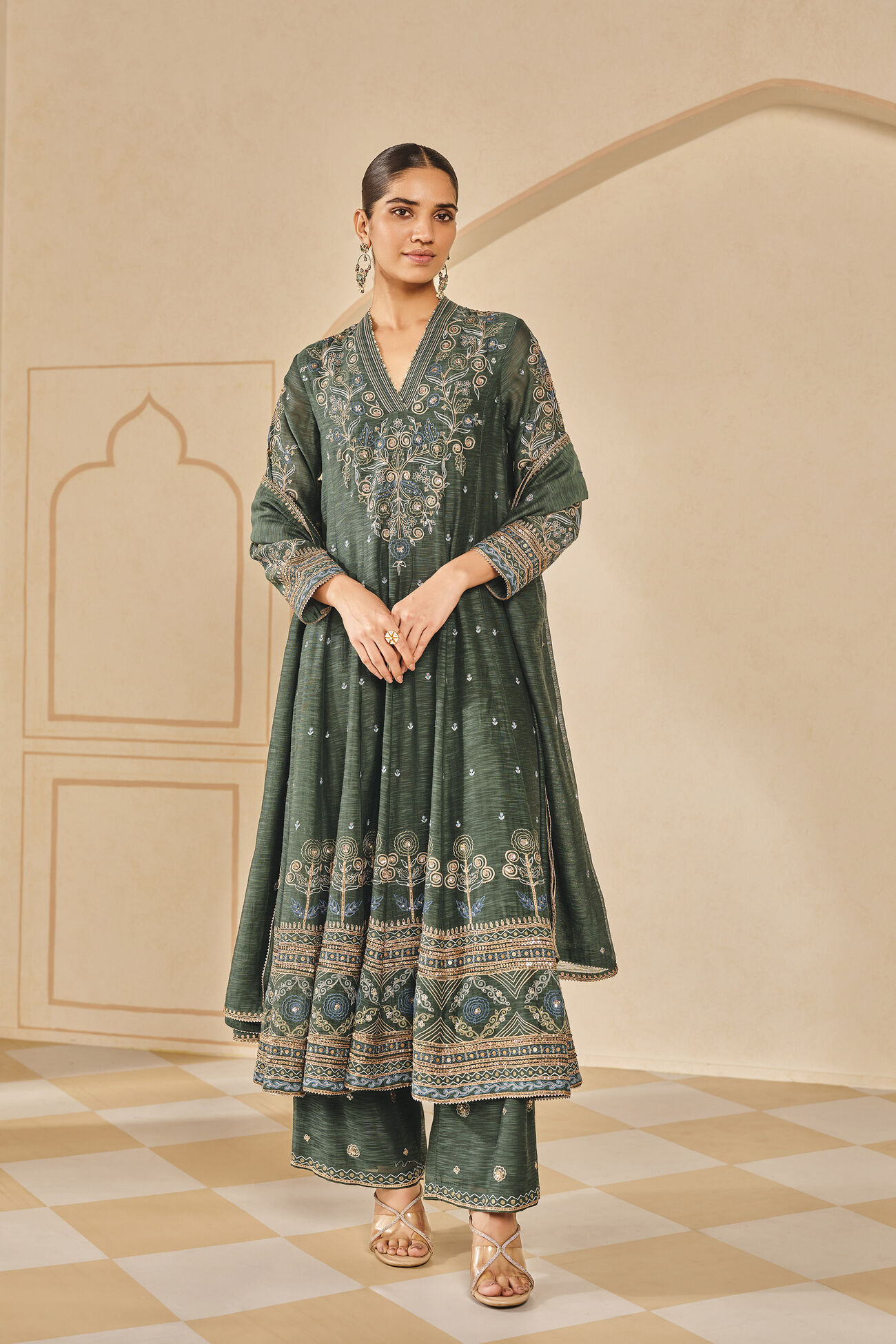 Zunaira Embroidered Mul Anarkali Set, Emerald, image 1